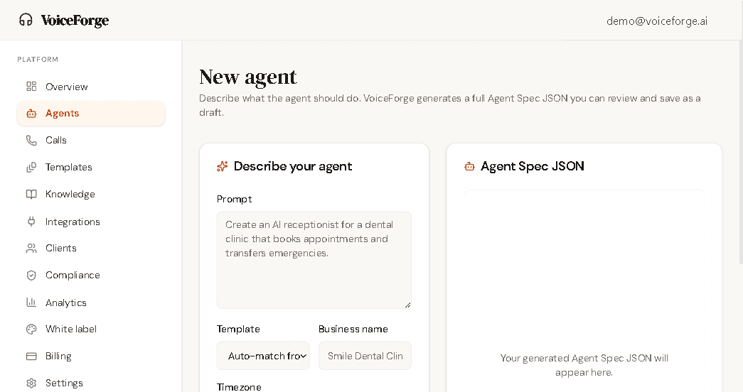 VoiceForge builder showing the prompt-to-Agent-Spec workflow